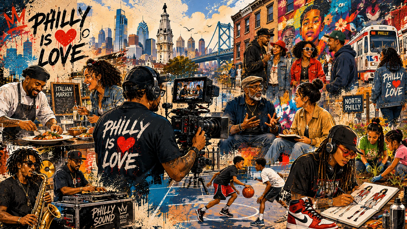 Illustrated Philadelphia neighborhood scene featuring food, music, art, residents and the Philadelphia Is Love production team