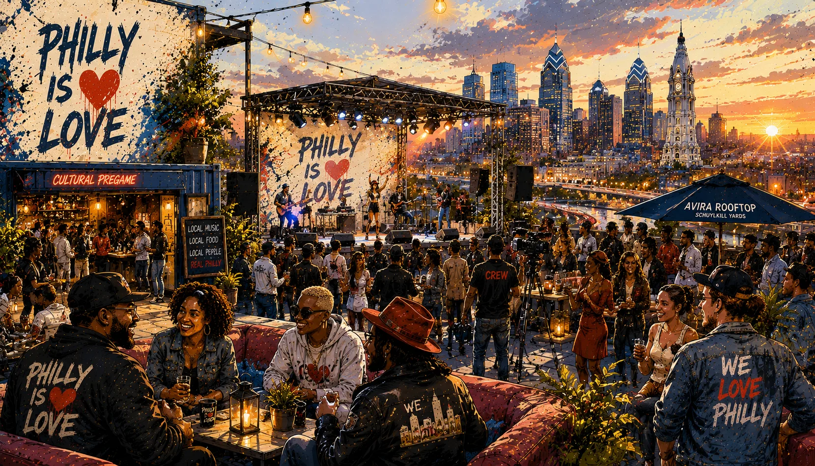 Illustrated Philadelphia Is Love rooftop event at Avira with live music, guests and the Philadelphia skyline