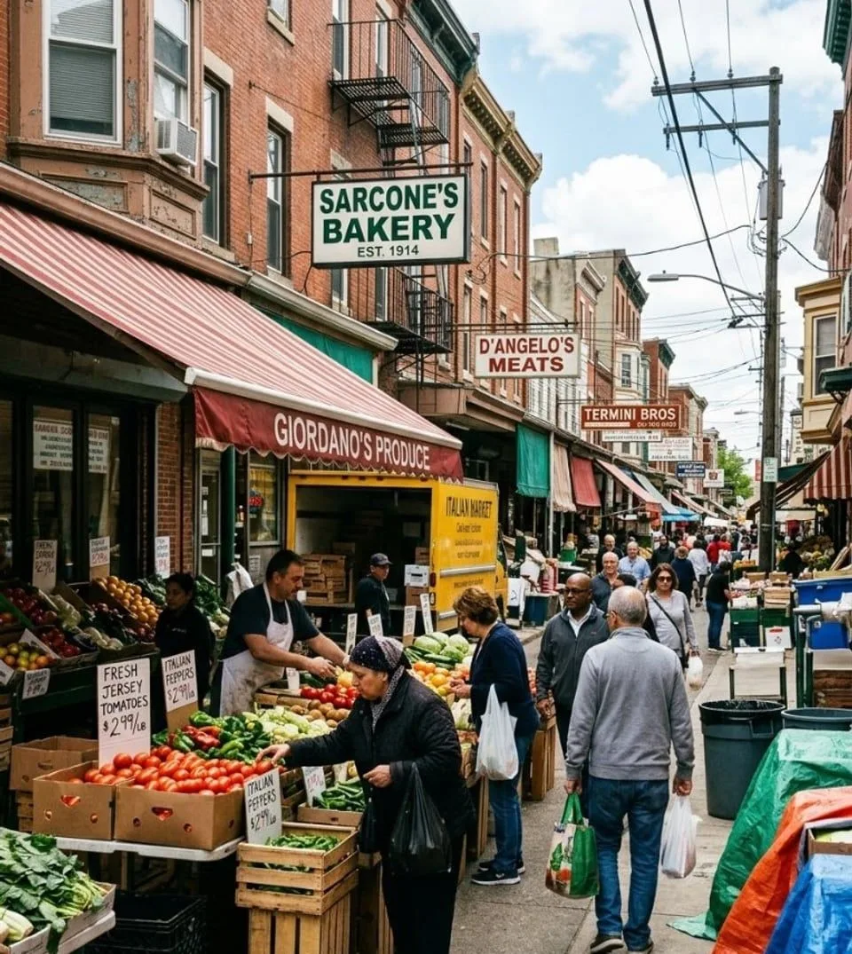 Editorial street plate for Episode 04: a receding market block in daylight. Designed placeholder — not a photograph.