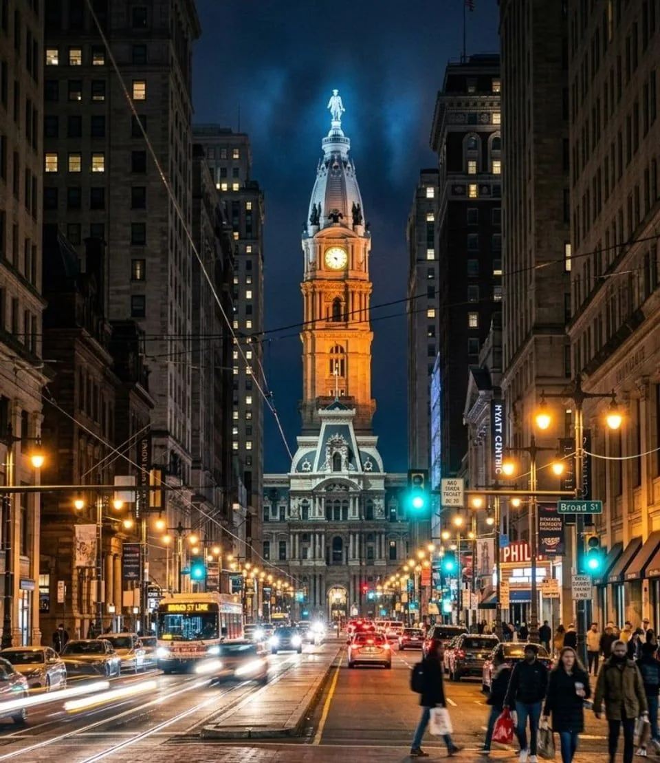 Editorial transit plate for Episode 08: a night axis along Broad Street. Designed placeholder — not a photograph.