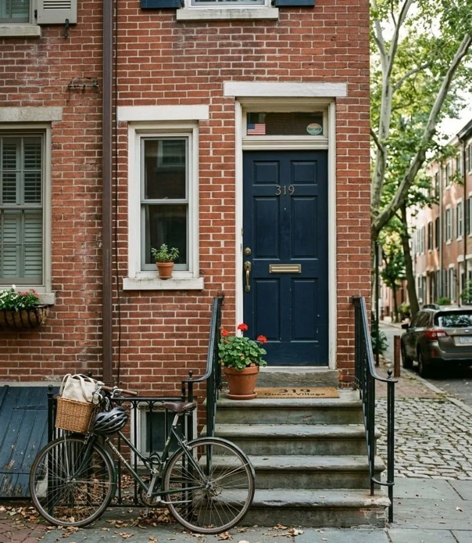 Editorial neighborhood plate for Episode 09: a vertical stack of stoop and cornice. Designed placeholder — not a photograph.