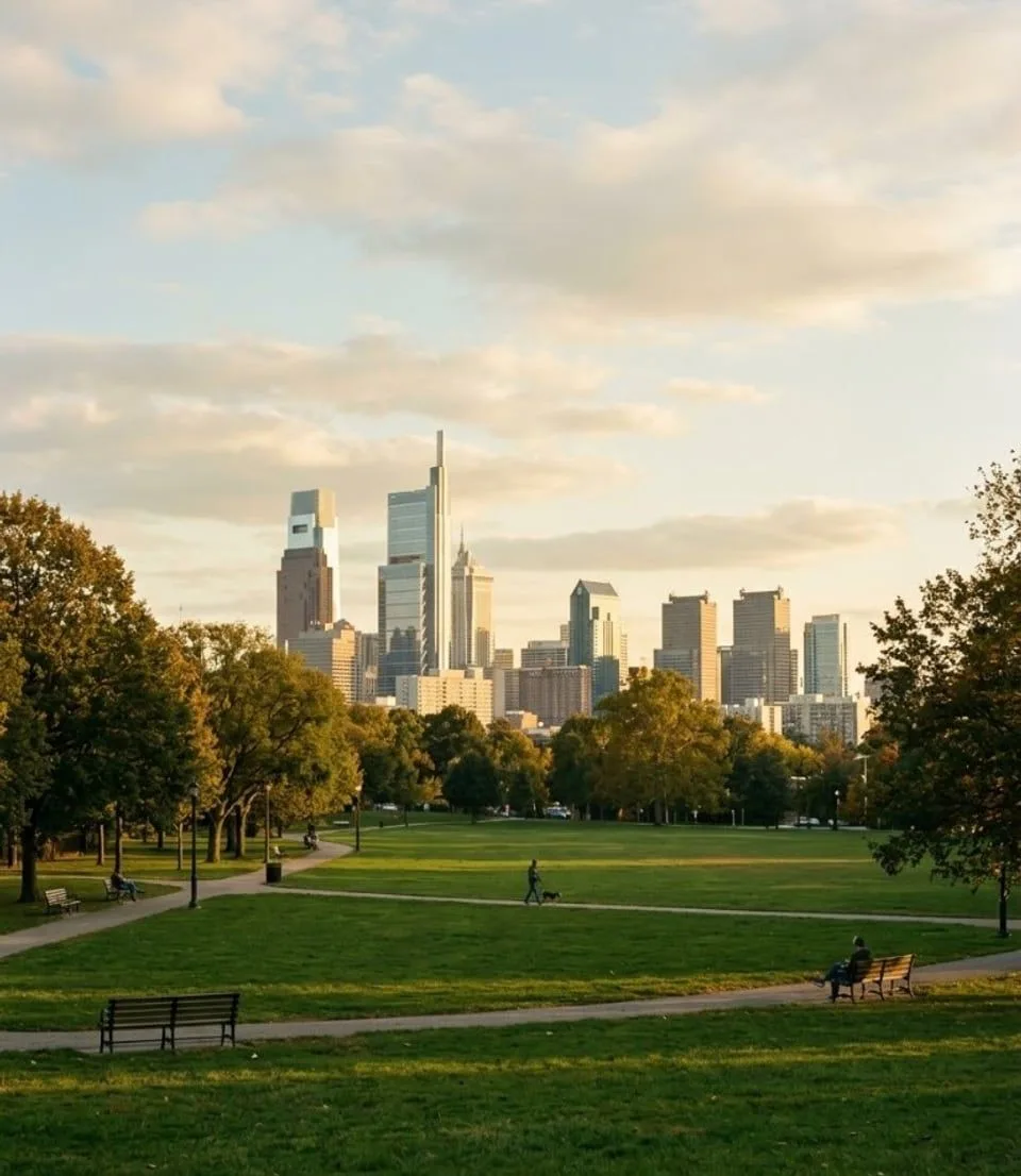 Editorial park plate for Episode 10: an open afternoon field with a far skyline. Designed placeholder — not a photograph.