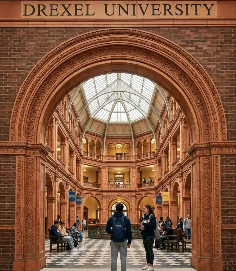 Editorial campus plate for Episode 11: a symmetrical court of institutional architecture. Designed placeholder — not a photograph.