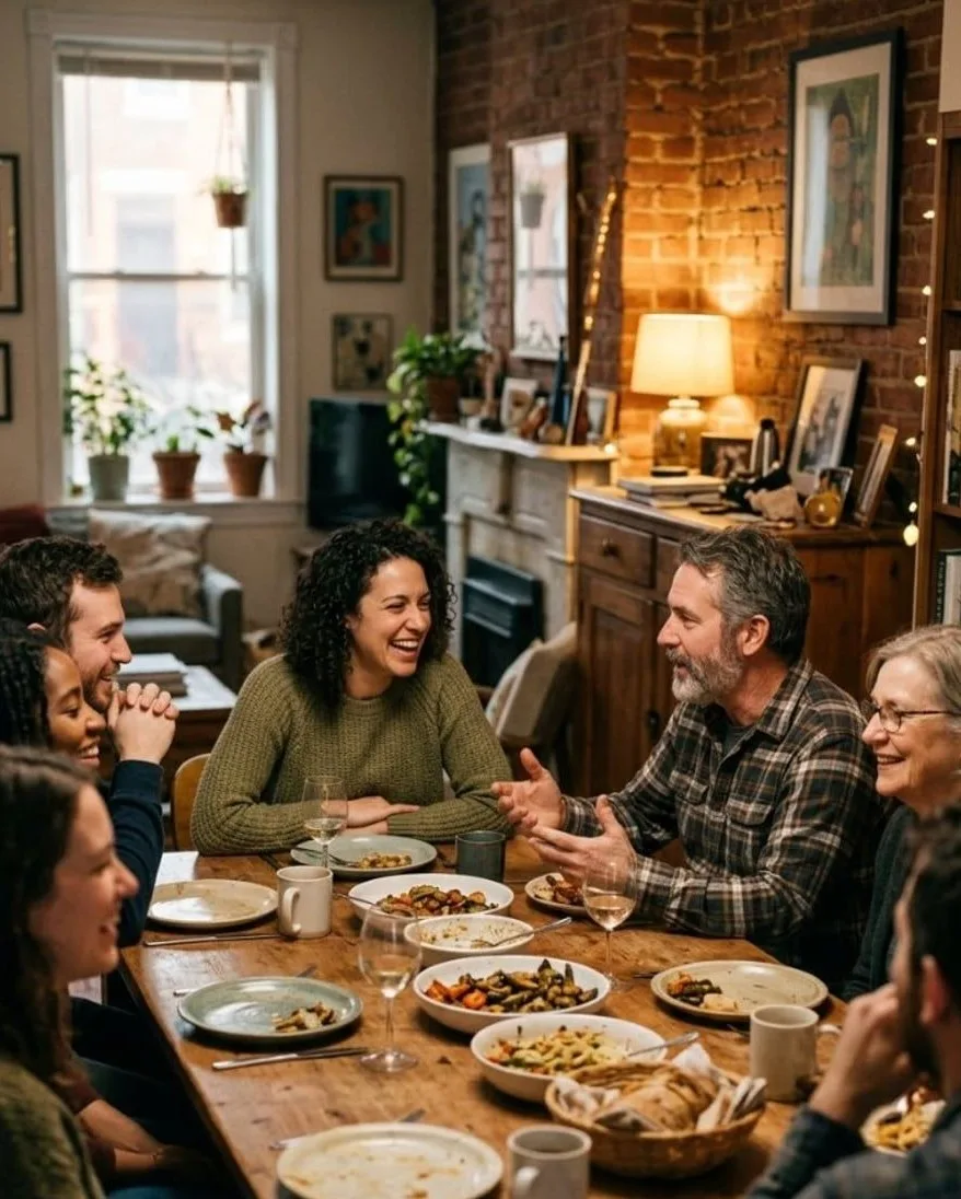 Editorial gathering plate for Episode 12: a warm table in the foreground. Designed placeholder — not a photograph.