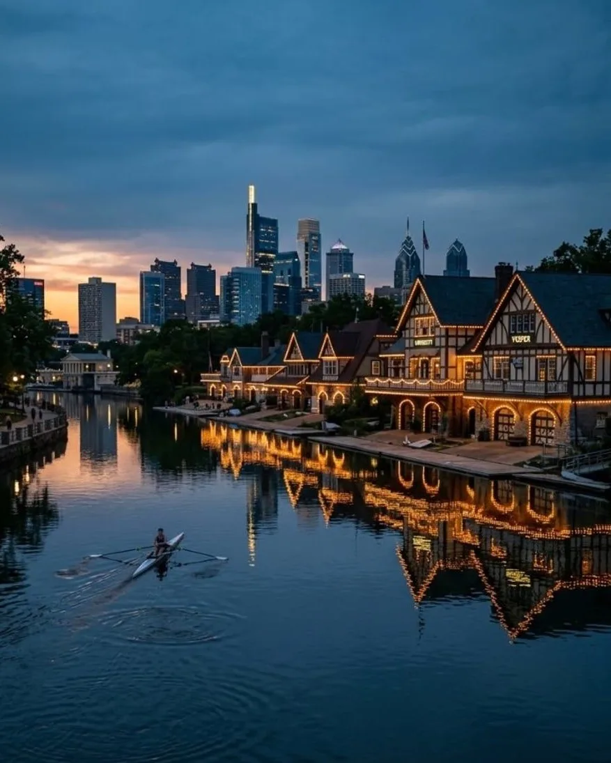 Editorial river plate for Episode 13: a low Schuylkill horizon at dusk. Designed placeholder — not a photograph. Not the Delaware.