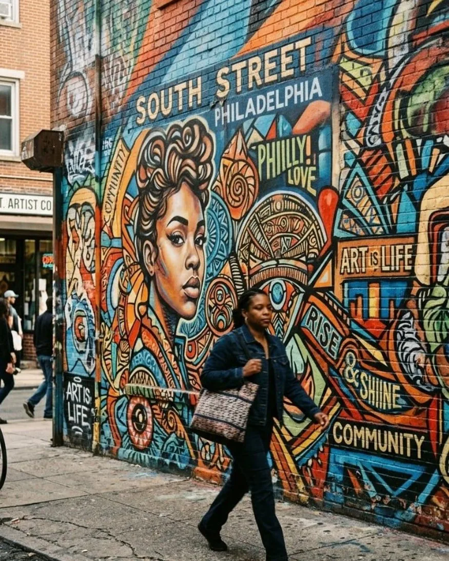 Editorial mural plate for Episode 15: a close wall of public color. Designed placeholder — not a photograph of a specific mural.