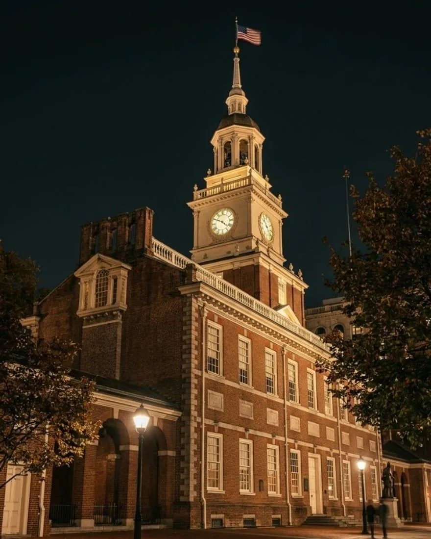 Editorial historic plate for Episode 16: Independence Hall as a night frame. Designed placeholder — not a photograph. Not the Liberty Bell.