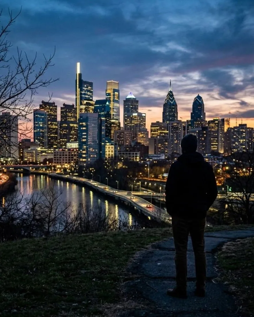 Editorial finale plate for Episode 18: one figure at dusk overlooking the city. Designed placeholder — not a photograph.